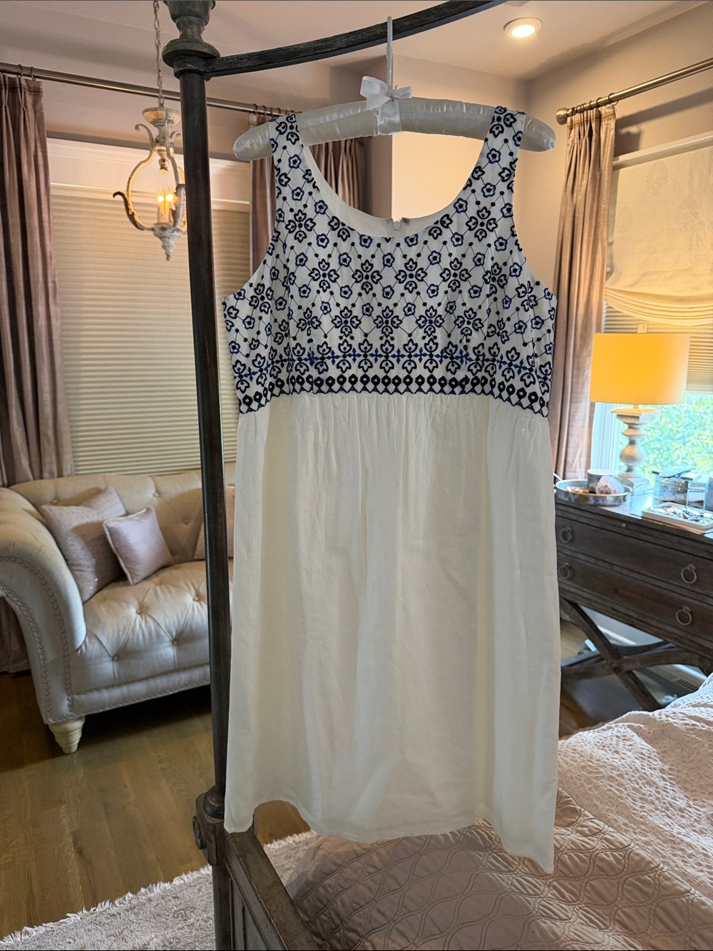 LOFT White Midi Dress with Navy Embroidered Bodice